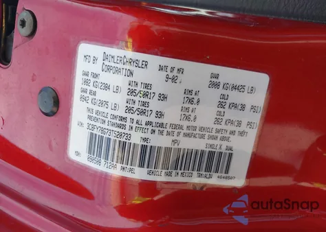 2003 Chrysler Pt Cruiser Gt z USA, uszkodzony, nr VIN 3C8FY78G73T520733